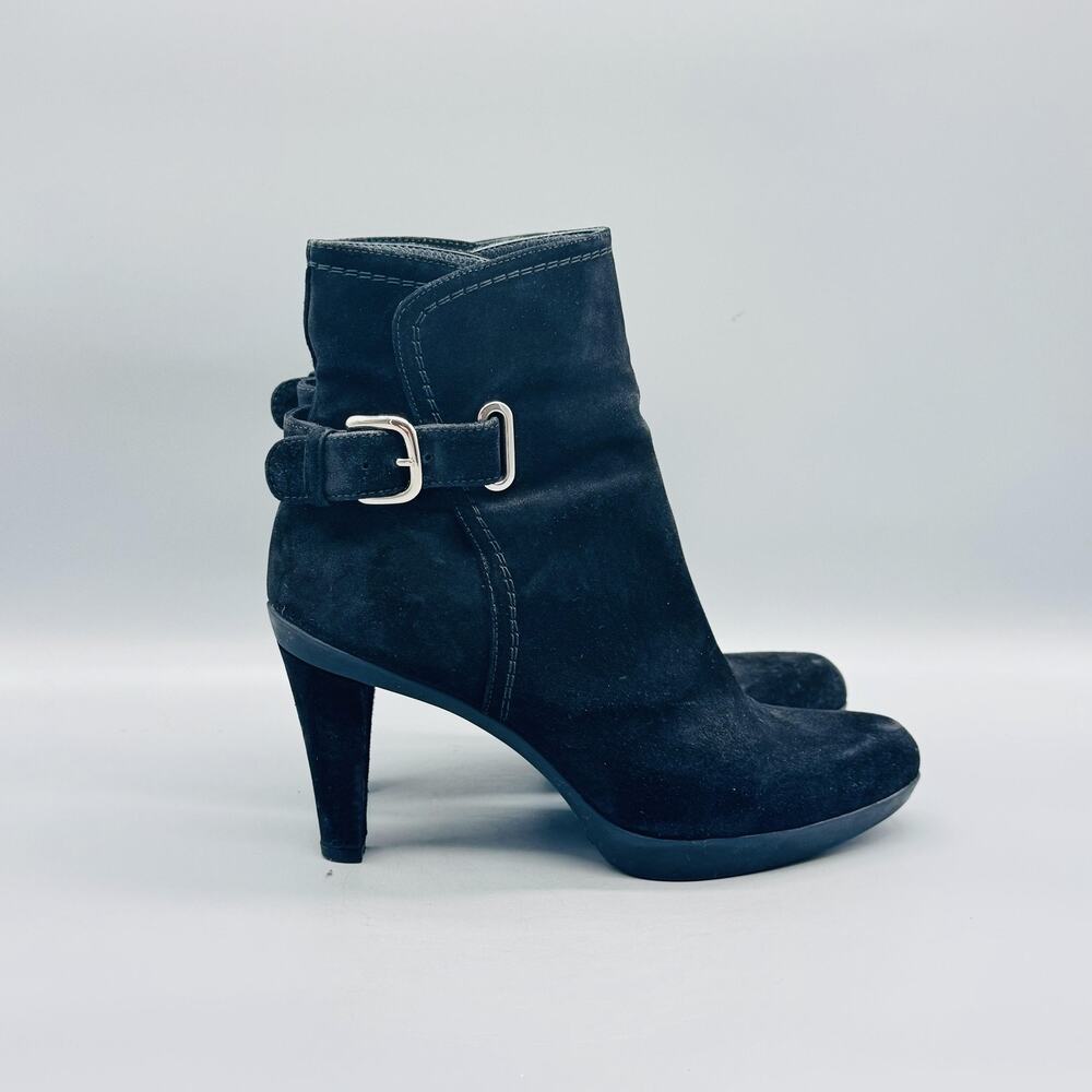 Stuart Weitzman Boots Womens 6 Black Suede Ankle Booties Buckle High Heel Shoes